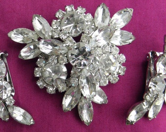 Vintage Large Rhinestone Brooch & Clip Earring Set - 1950s - from DustyMillerAntiques