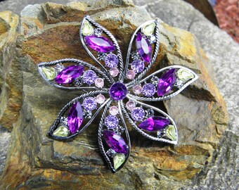 Vintage Purple Rhinestone Flower Brooch - circa 1970 - from DustyMillerAntiques