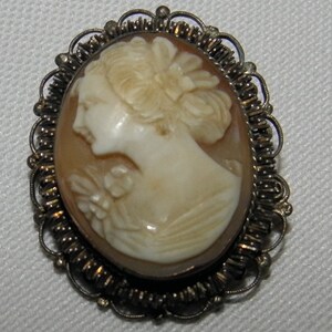 Vintage Victorian Sterling Silver Carved Shell Lady Bust Cameo Brooch / Pendant - ca 1890 - from DustyMillerAntiques