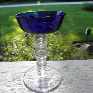 Vintage Rare Heisey Glass Stiegel Blue Spanish Footed Saucer Champagne Stem - Set of 3 - 1933 - from DustyMillerAntiques