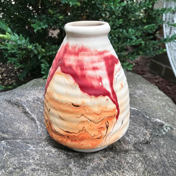 Vintage Nemadji Pottery Red/Orange Swirl Ridged Vase - 1970s - from DustyMillerAntiques