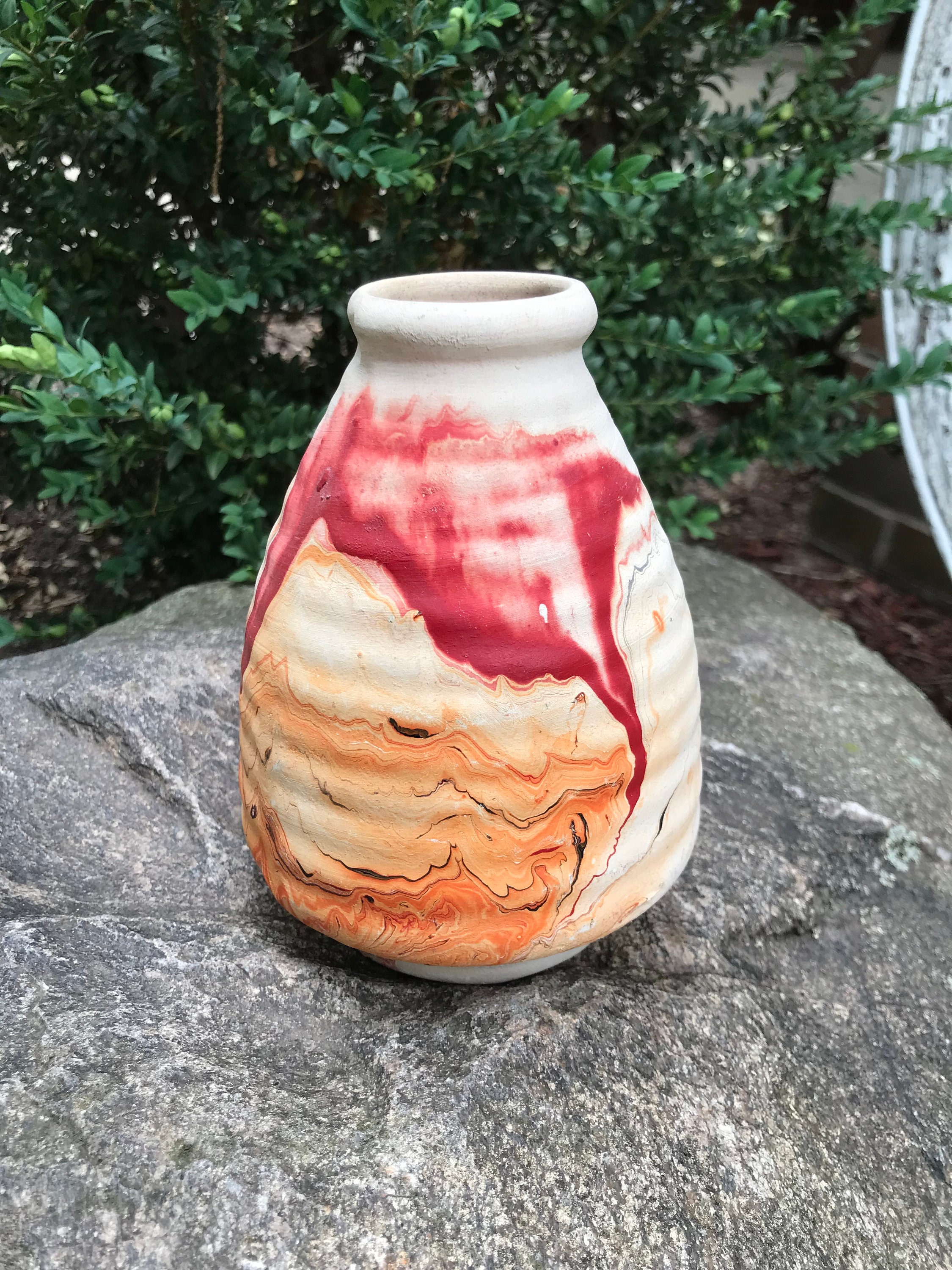 Vintage Nemadji Pottery Red/orange Swirl Ridged Vase - 1970s