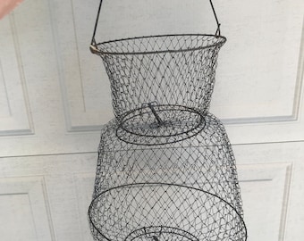 Vintage Wire Fishing Basket Large Collapsible Wire Mesh With 2