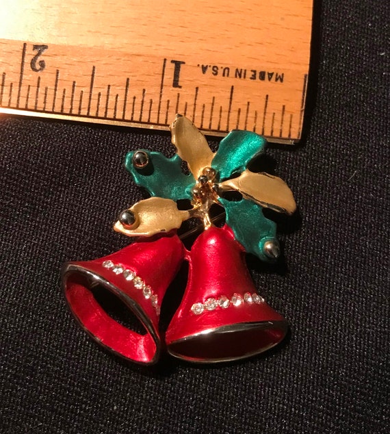 Vintage Red Christmas Bells with Holly Brooch - 1… - image 2
