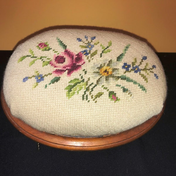 Vintage Oval Floral Needlepoint Walnut Footstool - circa 1900 - from DustyMillerAntiques