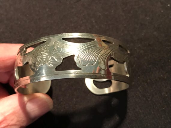 Vintage Kirk Stieff Pewter Floral Cutout Cuff Bracelet - 1980s