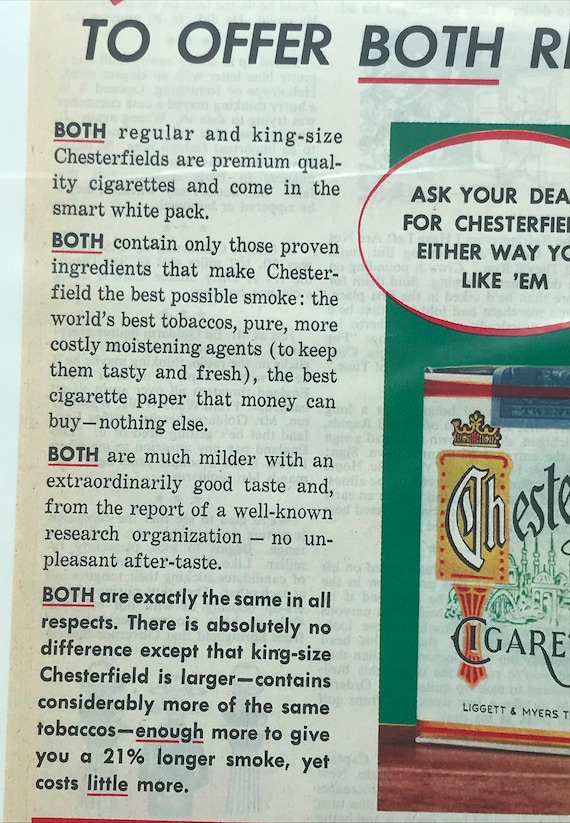 co op chesterfield cigarettes Vintage Liggett & Myers Tobacco Co Chesterfield Cigarettes Ad - 1952 - From  Dustymillerantiques