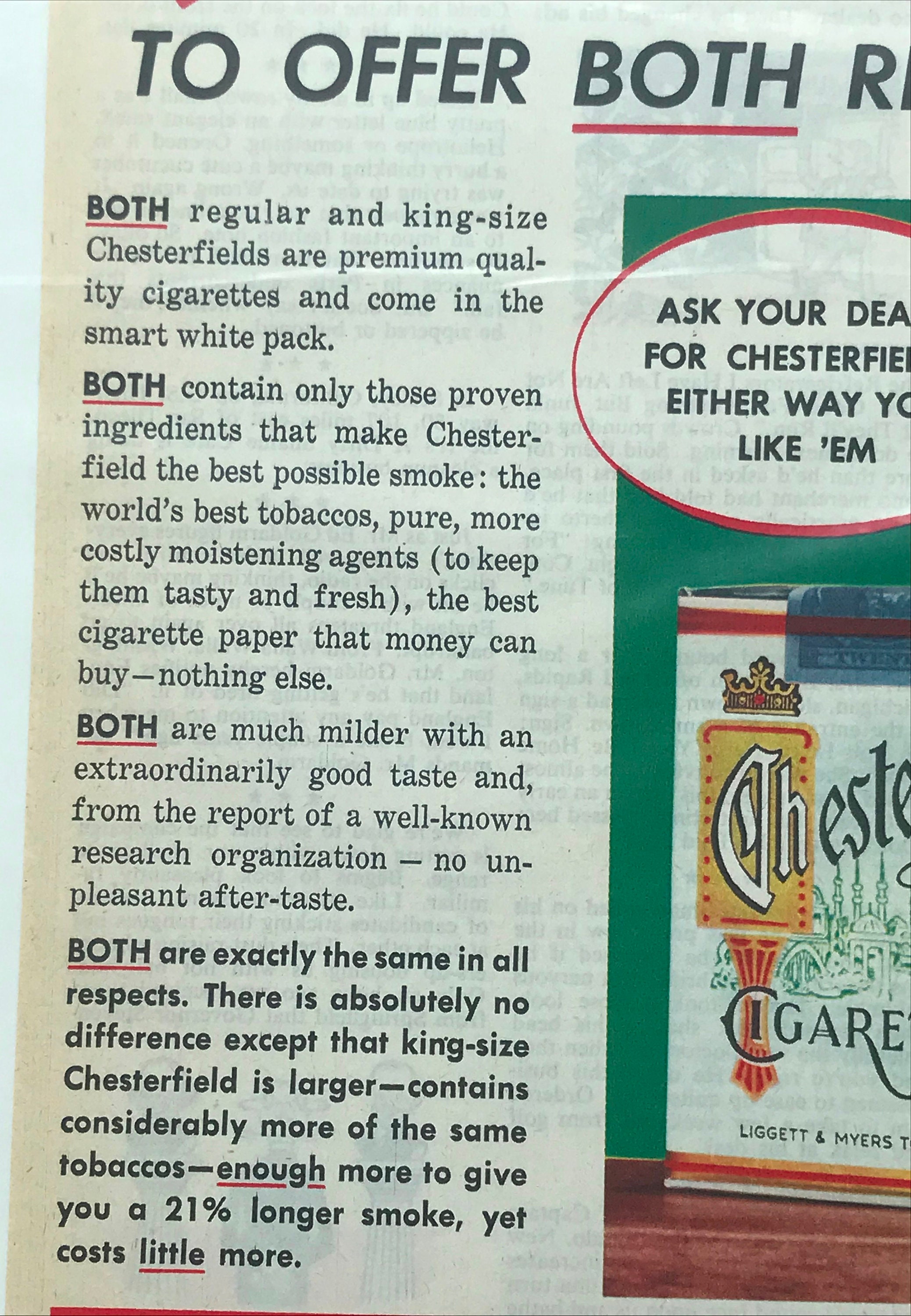 chester cigarettes Vintage Liggett & Myers Tobacco Co Chesterfield Cigarettes Ad - 1952 - From  Dustymillerantiques