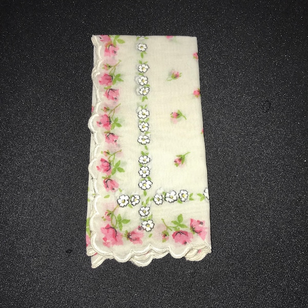 Vintage Pink Roses White Daisies Cotton Handkerchief - 1950s - from DustyMillerAntiques
