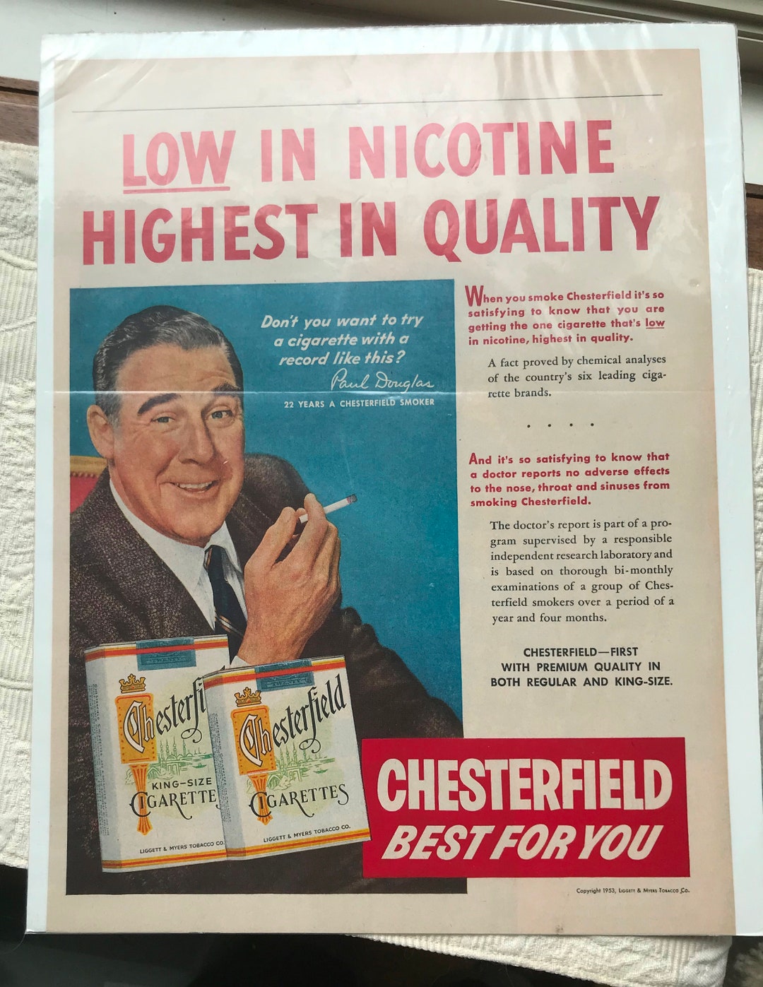 martin myers cigarette Vintage Liggett & Myers Tobacco Co Chesterfield Cigarettes Ad - Paul  Douglas Actor - 1953 - From Dustymillerantiques