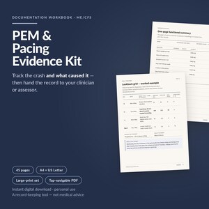 Evidence Diary for Chronic Fatigue, ME/CFS Symptom Tracker, Disability Claim Log, Post Exertional Malaise & Pacing (Digital Download)