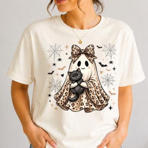 Halloween Ghost Cat PNG, Leopard Coquette Bow Ghost, Spooky Sublimation Design