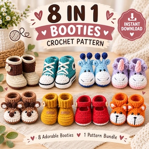 Op de afbeelding: Een 8-in-1 haakpatroonbundel voor babyslofjes met acht verschillende ontwerpen: bruine laarsjes, turquoise sneakers, blauwe giraf-slofjes, paarse eenhoorn-slofjes, hertjes-slofjes, gele laarsjes, rode schoentjes met bandje en oranje vossen-slofjes.