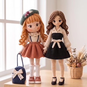 May include: Two handmade crochet dolls with detailed yarn hair and outfits. One doll has ginger hair, a green beret with floral accents, a white top, a rust-coloured skirt, and a small blue bag. The other doll has brown hair, a white collared shirt, and a black dress.