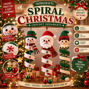 May include: Three spiral crochet Christmas ornaments featuring a snowman, Santa Claus, and an elf. Each ornament has a spiraling body with red and green accents, topped with a character head and finished with shiny red and green baubles at the base.