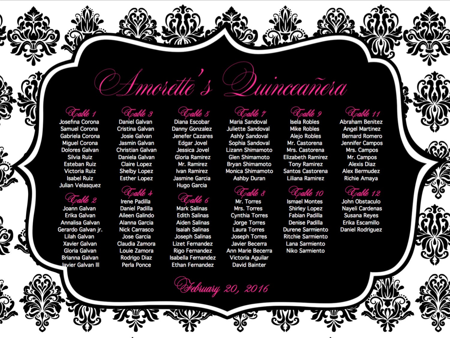 Quinceanera Seating Chart Etsy