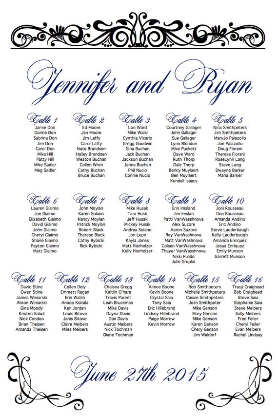 Printable Seating Chart For Wedding Reception