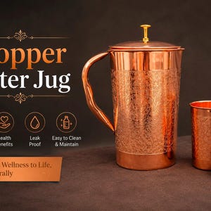 Handgjort kopparkanna och tumblerset, dricksglas i ren koppar (1500 ml kanna)
