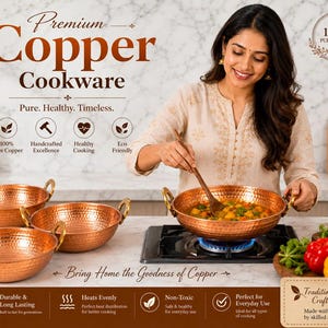May include: A set of hammered copper cookware featuring three round bowls with side handles. The text reads Premium Copper Cookware, Pure. Healthy. Timeless., 100% Pure Copper, Handcrafted Excellence, Healthy Cooking, Eco Friendly, and Bring Home the Goodness of Copper.