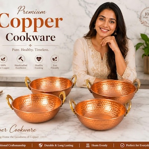 May include: A set of four round, hammered copper bowls with brass-toned handles. The text on the image reads Premium Copper Cookware, Pure. Healthy. Timeless., 100% Pure Copper, Handcrafted Excellence, Healthy Cooking, Eco Friendly, and Copper Cookware.