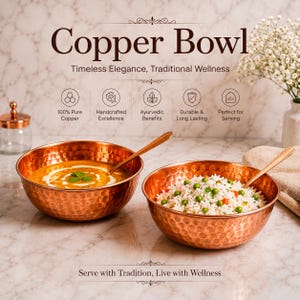 May include: Two hammered copper bowls with matching spoons, one filled with orange soup topped with cream and cilantro, the other with white rice and green peas. Text reads: Copper Bowl, Timeless Elegance, Traditional Wellness, 100% Pure Copper.