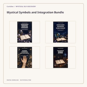 May include: A digital bundle titled Mystical Symbols and Integration Bundle by CurioDen featuring four guides: Understanding Horoscopes, Transits and Retrogrades, Master Numbers and Repeating Number Symbolism, Palmistry Foundations, and Your Personal Mystical Journal.