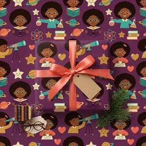 May include: A gift box wrapped in purple paper featuring a repeating pattern of children with dark skin and curly hair engaged in science, reading, and astronomy activities, tied with a coral ribbon and a blank beige gift tag, with a pine sprig.