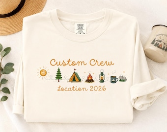 Op maat gemaakt kampeershirt voor de hele groep, bijpassend T-shirt voor neven en nichten, zomers buitenavontuur
