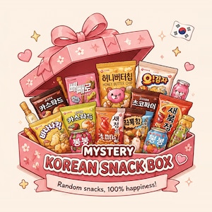 May include: A pink gift box filled with various Korean snack packages, including chips, cookies, and drinks. The box features the text MYSTERY KOREAN SNACK BOX and Random snacks, 100% happiness. The illustration includes small hearts, stars, and a South Korean flag.