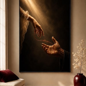 May include: A framed wall art print depicting two hands reaching toward each other against a dark, moody background. A thin red thread connects the fingers of both hands. The upper hand features a lace sleeve, while the lower hand is bare.