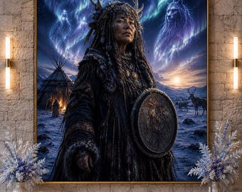 May include: A large rectangular wall art print featuring a central figure in dark textured robes and an antler headdress, holding a circular shield. The background displays a snowy landscape with a teepee, deer, and glowing blue aurora spirits.