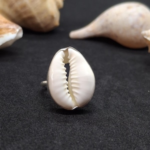 May include: A ring featuring a smooth, white cowrie shell set in a metallic band. The shell has a central, elongated opening with serrated edges, showcasing its natural, glossy texture and curved, oval shape centred on the thin metal ring band.