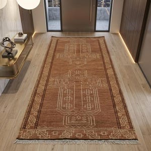 Hand Knotted Rustic Brown Wool Runner Rug, Traditional Afghan Tribal Rugs, Earthy Hallway Carpet, Kitchen Entryway & Stair Runner