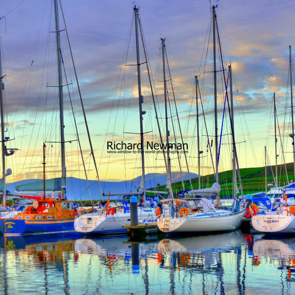 Dingle Harbor Ireland, colorful sunrise on boats, nautical  photograph