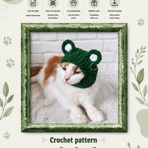 May include: A crochet pattern for a pet balaclava featuring a cat wearing a dark green, textured, frog-shaped hat with white inner ears and a small silver ring detail. The digital document includes text labels for PDF pattern, easy instructions, and beginner level.