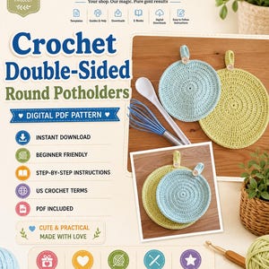 May include: A digital PDF pattern for crochet double-sided round potholders. The image displays light blue and lime green circular crocheted potholders with small wooden buttons and hanging loops, alongside a white spoon and blue whisk.