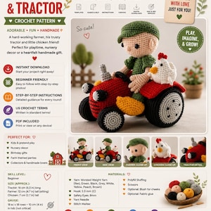 Op de afbeelding: Een haakpatroon voor een boer en tractor met een rode tractor, een boer in een groene pet en shirt, en een witte kip. Het document bevat tekst, diagrammen en foto's die het voltooide speelgoed vanuit verschillende hoeken laten zien.