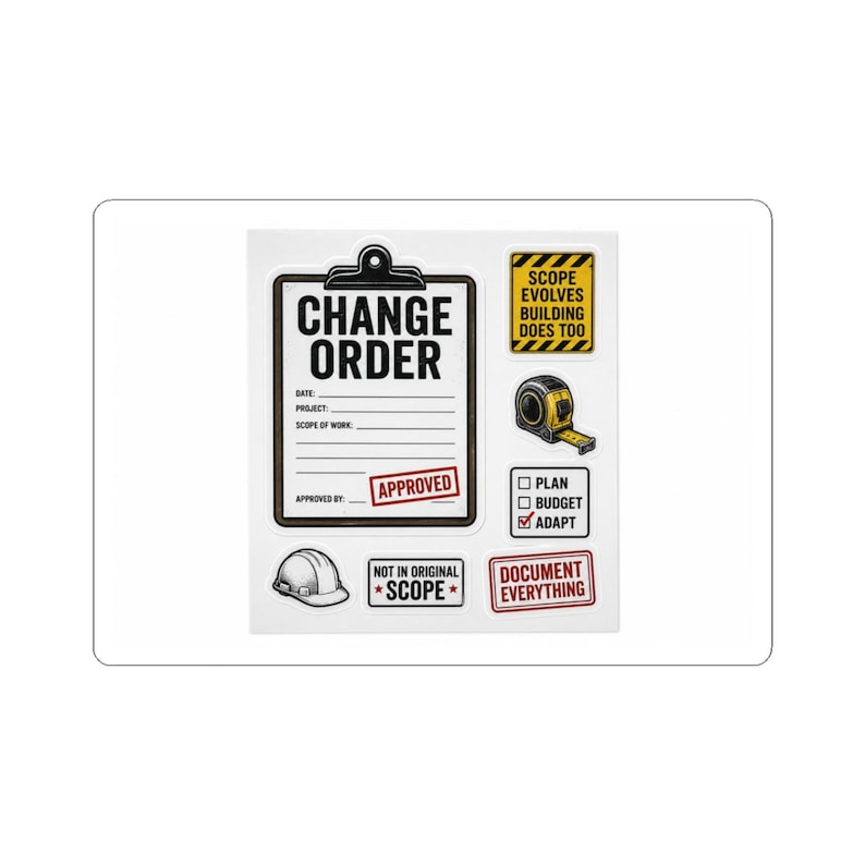 Change Order Stickers | Funny Contractor Laptop Decal for Builders PMs | Trades Job Site Sticker Pack image 1