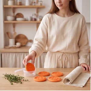 May include: A set of round orange silicone lids with embossed Halloween designs including a pumpkin, ghost, and witch hat. The lids are shown with a clear plastic container, a rolled beige fabric cloth, and a sprig of fresh green thyme.