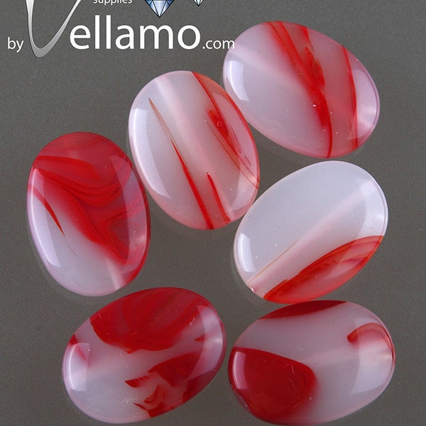 Oval shaped red and white agate gemstone beads, polished, 25mm x 18mm, 6 pieces