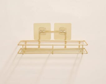 Étagère murale rectangulaire en fer doré pour salle de bain | Rangement sans perçage pour produits de toilette | Organisateur de lavabo luxueux