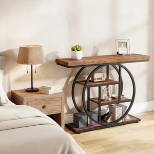 Mesa consola industrial, almacenamiento de entrada de 4 niveles, mesa de sofá rústica de madera negra y marrón para pasillo