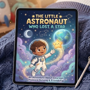 Könnte beinhalten: Ein digitales Tablet mit einem Buchcover mit dem Titel The Little Astronaut Who Lost A Star. Die Illustration zeigt ein Kind in einem weißen Raumanzug, das nach einem lächelnden gelben Stern vor einem Hintergrund aus Weltraum greift.