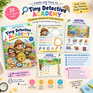 Op de afbeelding: Een 30-pagina tellend voorschools werkboek getiteld Tiny Detective Academy met kleurrijke illustraties van kinderen in detective-uitrusting, vergrootglazen en mysterie-missies. De set bevat activiteitenpagina's voor 3- tot 7-jarigen met aanwijzingen en badges.