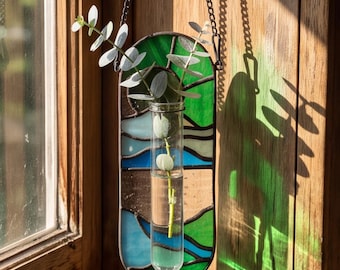 Stained Glass Propagation Station, Hanging Plant Terrarium Suncatcher, Botanical Window Decor, Boho Indoor Garden Gift, Gift for Plant Mom