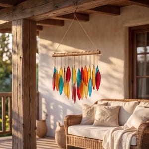 Puede incluir: Un carillón de viento colgante que presenta un listón de madera horizontal con múltiples piezas de vidrio delgadas en forma de hoja suspendidas por cuerdas. Las piezas de vidrio son translúcidas y de colores rojo, naranja, amarillo y azul.