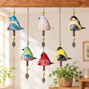 May include: Five hanging bird-shaped wind chimes suspended from a wooden beam. Each ceramic bird features distinct colours including blue, white, yellow, green, and red, decorated with intricate white floral patterns and black accents.