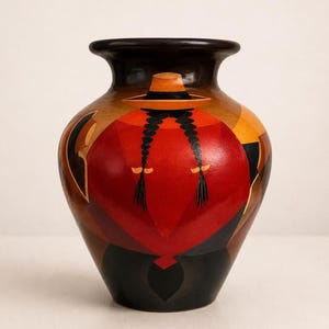 Vintage Chulucanas Peruvian Pottery Vase – Andean Woman Braids Art – Handcrafted Colorful Figurative Folk Art Urn