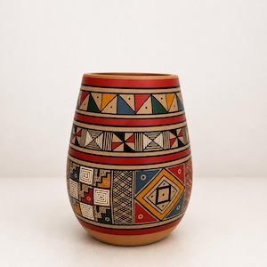 Vintage Peruvian Pottery Barrel Vase – Nazca Inca Geometric Textiles – Handcrafted Colorful Pre-Columbian Tribal Folk Art Urn