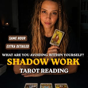 May include: A tarot card reading service featuring the text SAME HOUR, EXTRA DETAILED, WHAT ARE YOU AVOIDING WITHIN YOURSELF?, SHADOW WORK, and TAROT READING. The image displays a person holding The Magician tarot card above three cards.